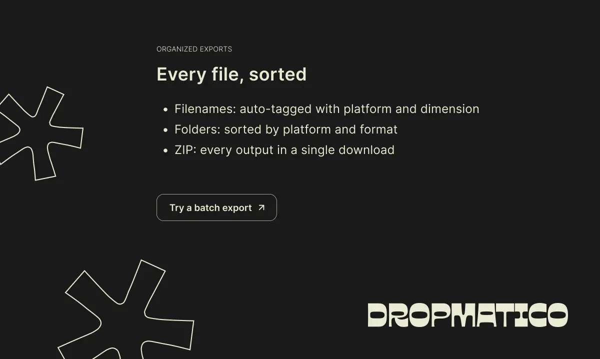 Dark Dropmatico slide titled “Every file, sorted”: file names tagged with platform and dimension, folders sorted by platform and format, and every output in one ZIP.