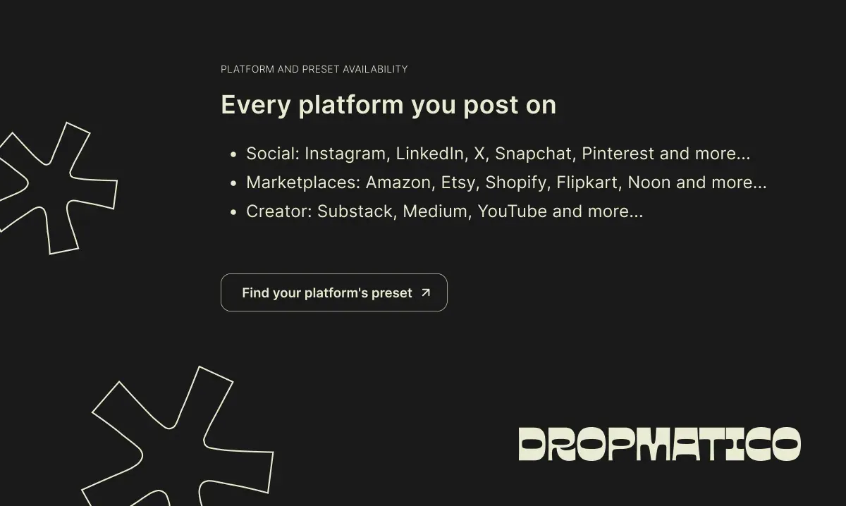 Dark Dropmatico slide titled “Every platform you post on”, listing social platforms, marketplaces, and creator platforms.