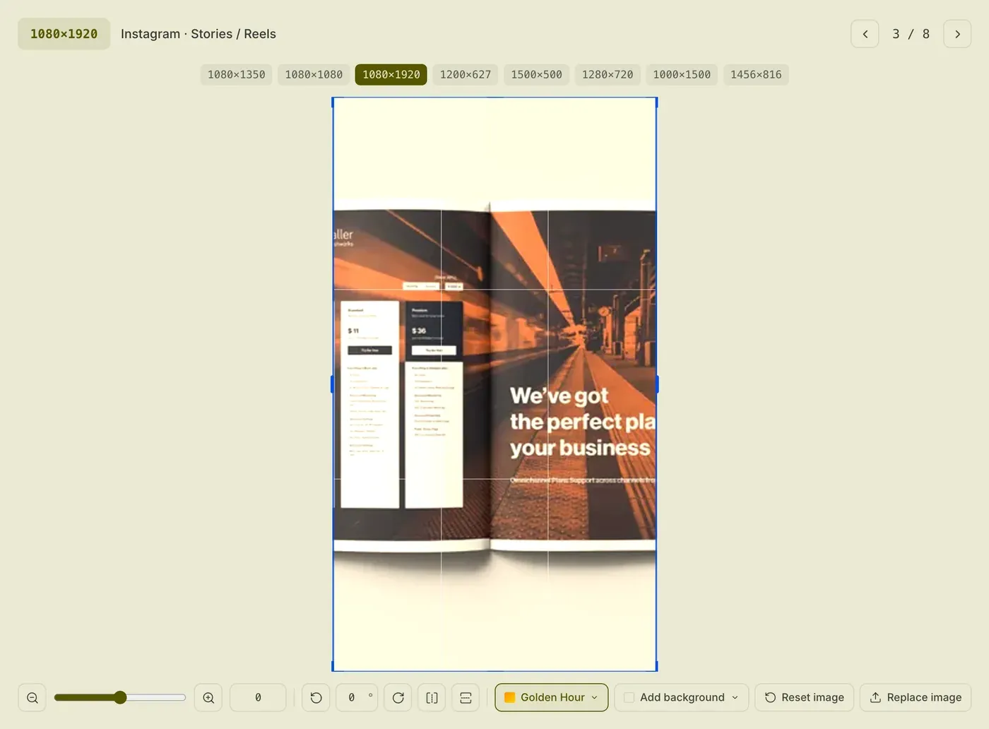 Dropmatico editor showing the 1080×1920 Instagram Stories crop with the Golden Hour filter applied.