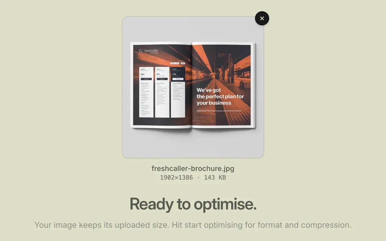 Dropmatico’s canvas in Keep original size mode: freshcaller-brochure.jpg at its uploaded 1902×1386, above “Ready to optimise.” and “Your image keeps its uploaded size.”