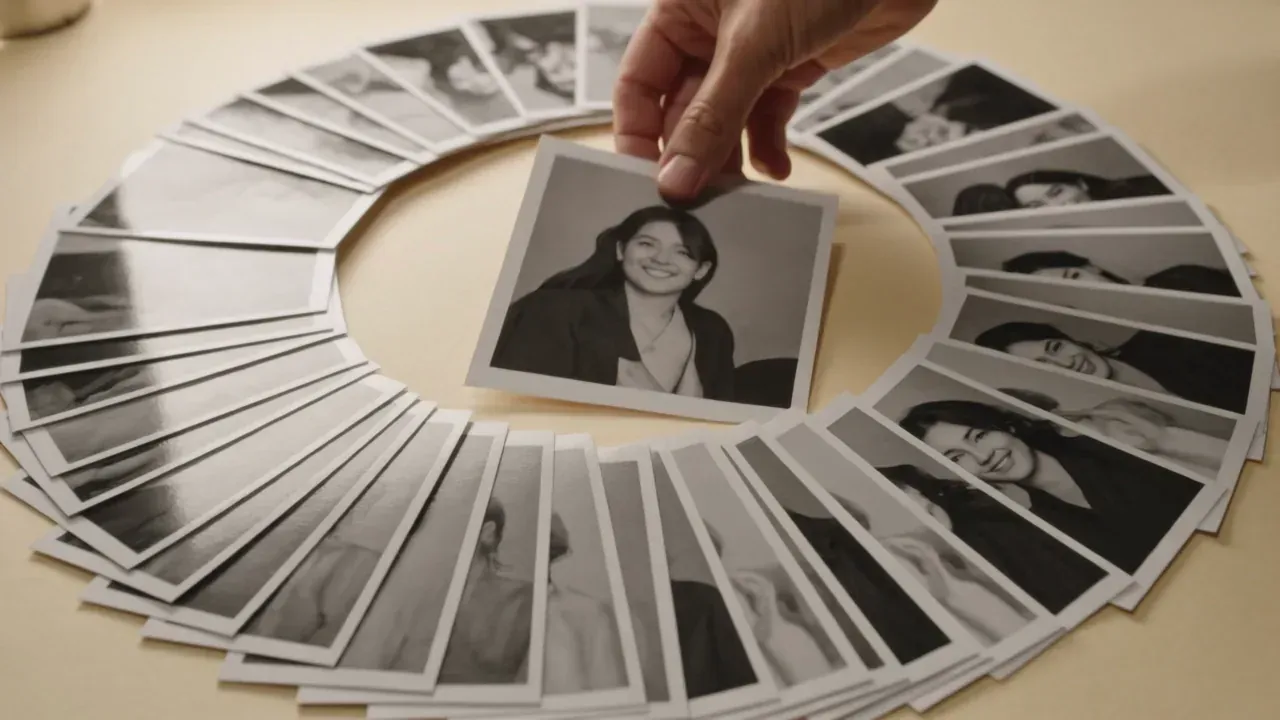 A hand placing a portrait print at the center of a ring of prints of the same photo, cropped to different sizes.