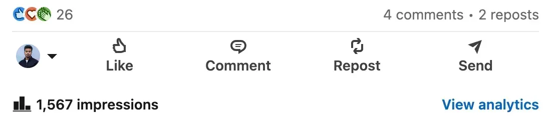 LinkedIn post stats: 26 reactions, 4 comments, 2 reposts, and 1,567 impressions.