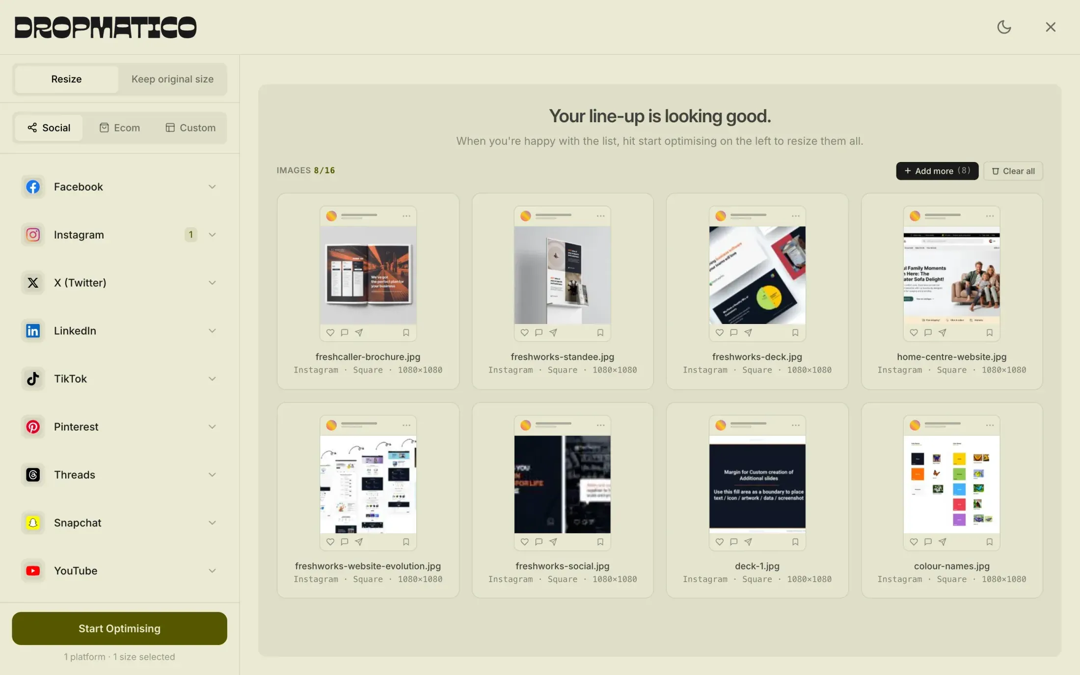 Dropmatico Bulk Image Processor with eight images, each previewed as a 1080×1080 Instagram square, under the heading “Your line-up is looking good.”