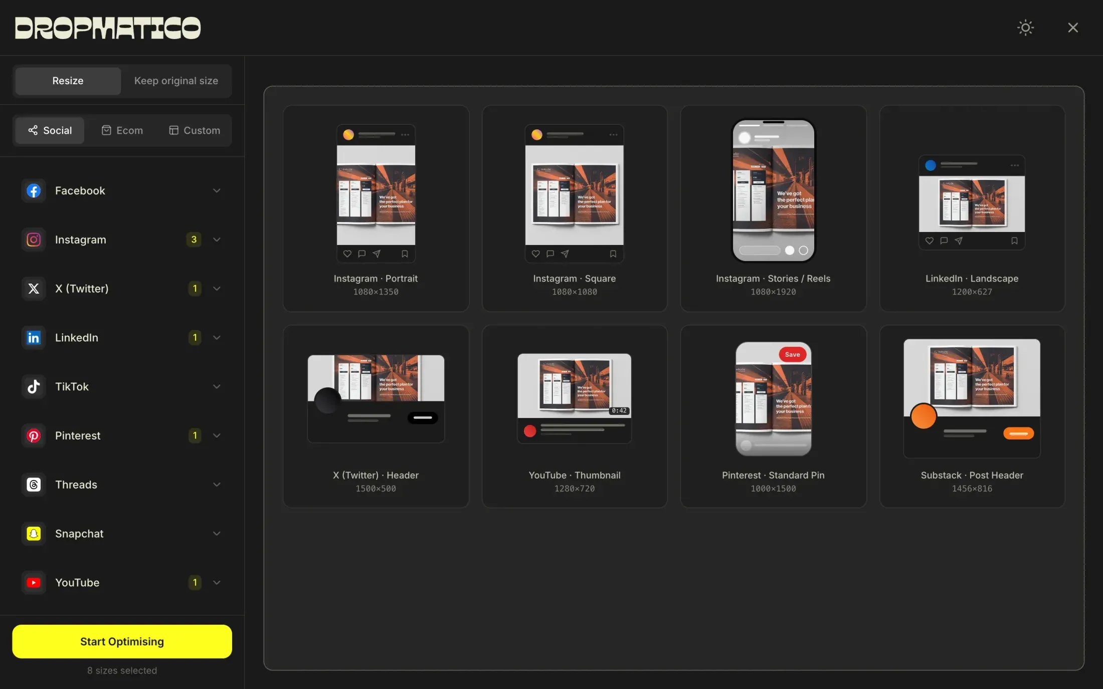 The same editor in dark mode, with a yellow Start Optimising button.