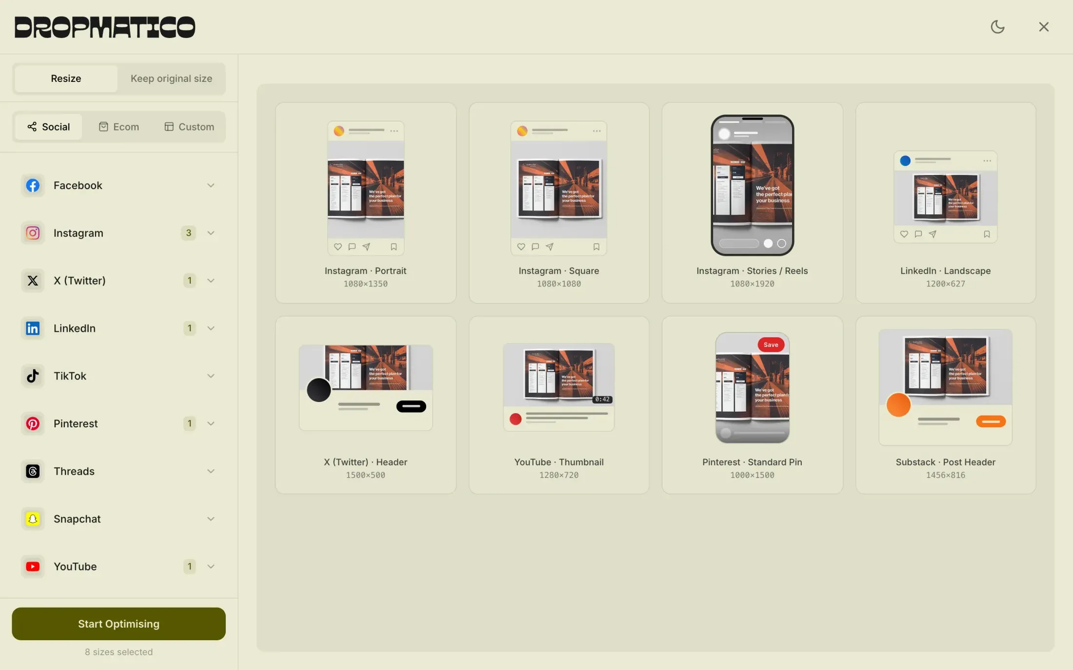 Dropmatico Single Image Editor in light mode: one brochure image previewed as eight platform outputs, with the preset sidebar.