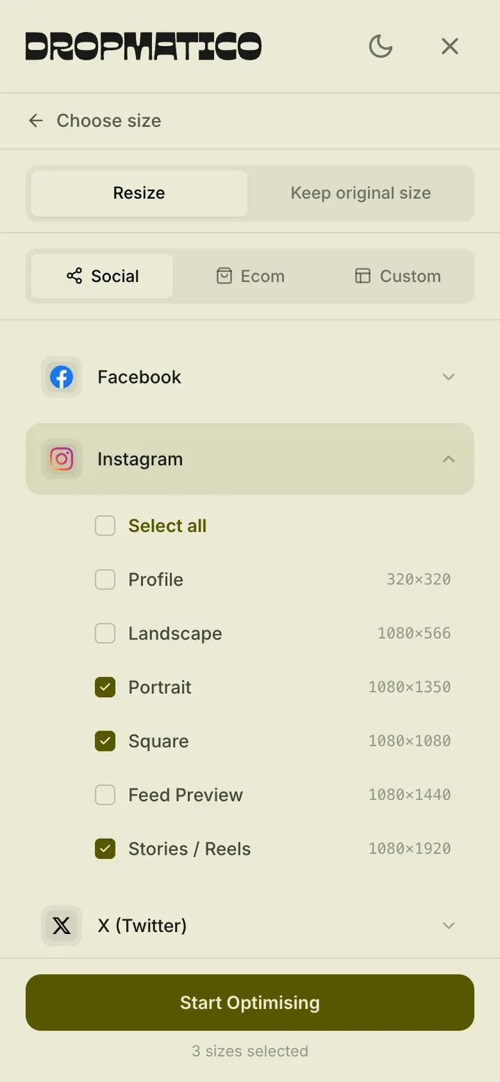 Dropmatico on a phone: choosing Instagram sizes, with Portrait, Square and Stories / Reels selected.