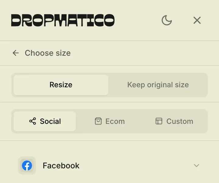 Dropmatico on a phone: choosing sizes, with the Resize and Keep original size modes and the Social, Ecom and Custom preset groups.
