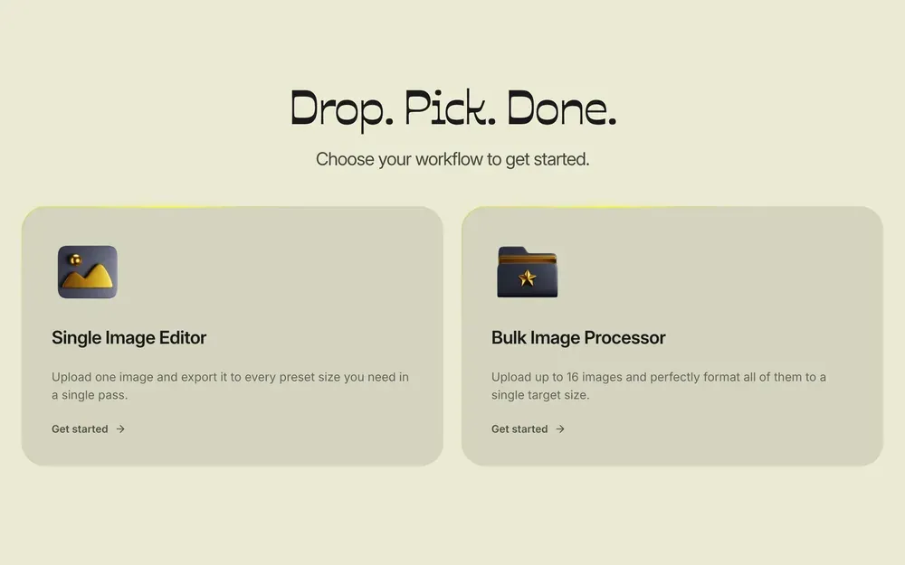 Dropmatico’s start screen, “Drop. Pick. Done.”, choosing between the Single Image Editor and the Bulk Image Processor.