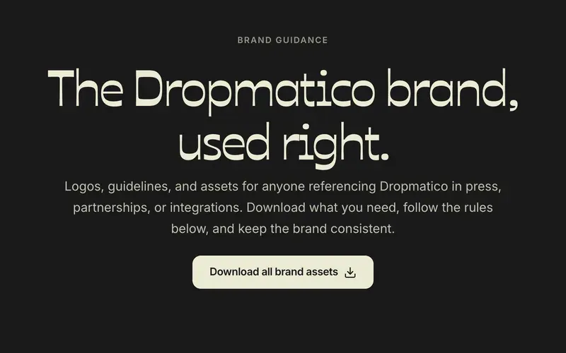 Dropmatico brand guidance page: “The Dropmatico brand, used right.”, with a button to download the brand assets.