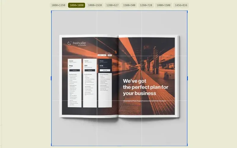 The Dropmatico editor cropping the brochure to a 1080×1080 Instagram square, with a rule-of-thirds grid and size chips.
