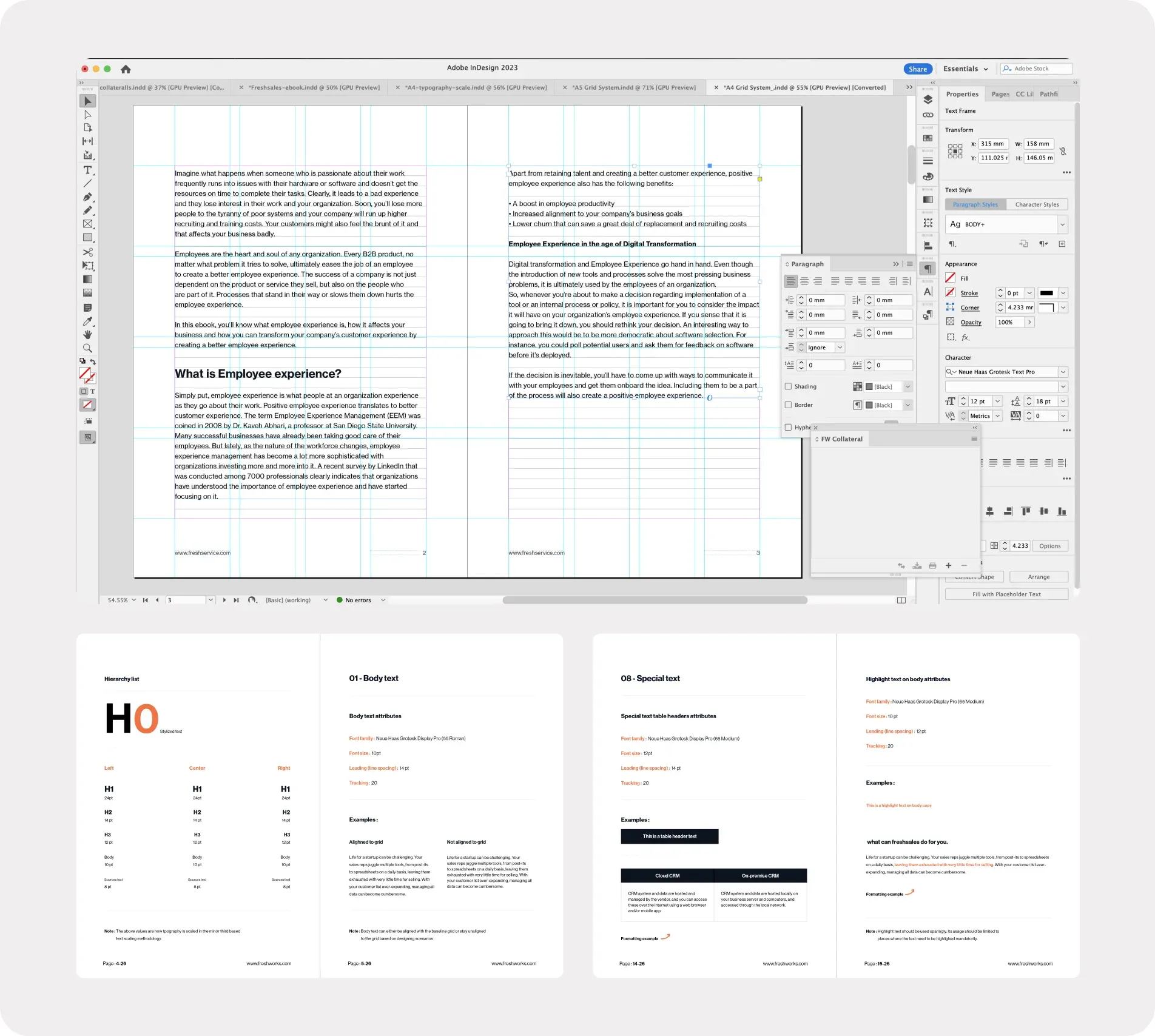 Adobe InDesign with the A4 grid-system template open, above four pages of the typography component guide: hierarchy, body, special and highlight text