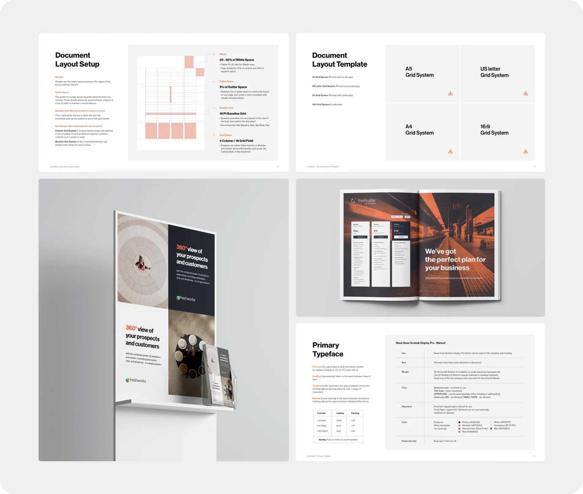Brand collateral guideline pages for document layout, downloadable grid templates and the primary typeface, with a brochure stand and an open booklet mock-up