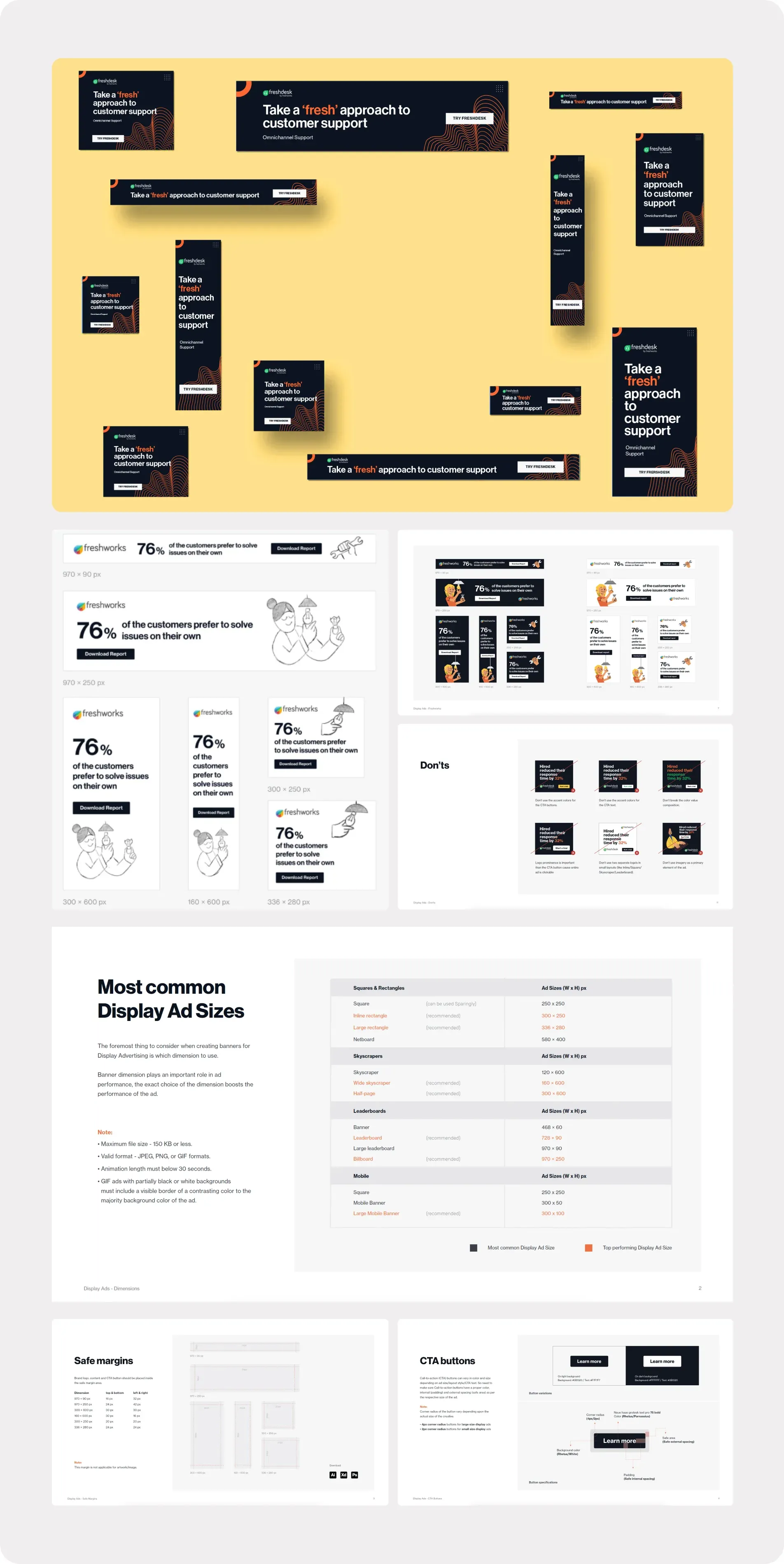 Freshworks Google Display Network ads: Freshdesk and Freshworks banners in every standard size, ad don’ts, the most common display ad sizes, safe margins and CTA buttons