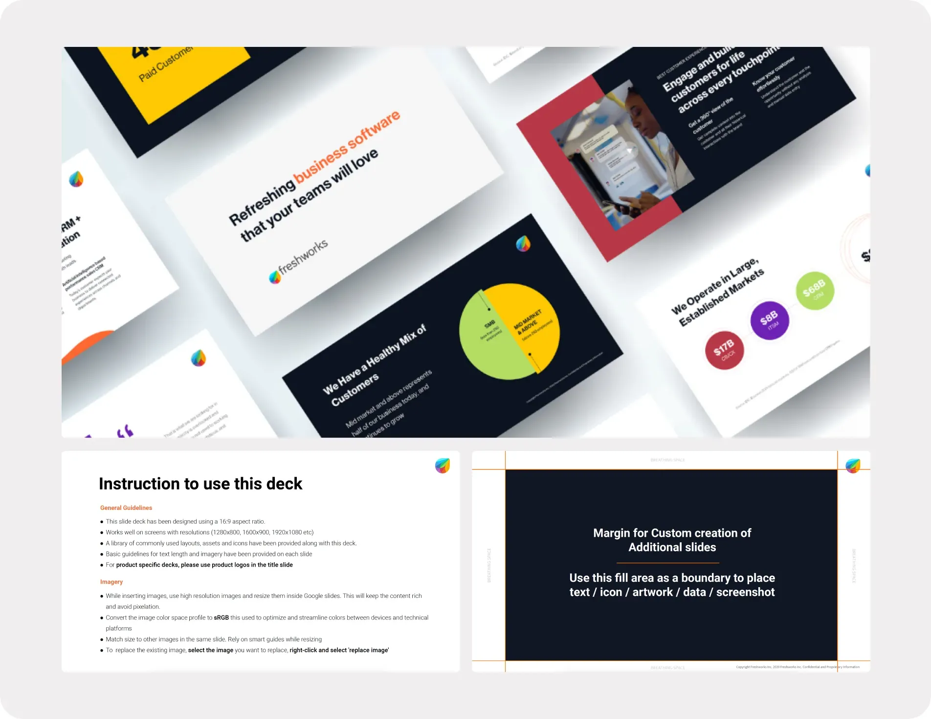 Freshworks Google Slides template: angled sample slides, an “Instruction to use this deck” slide and a slide marking the safe area for custom content