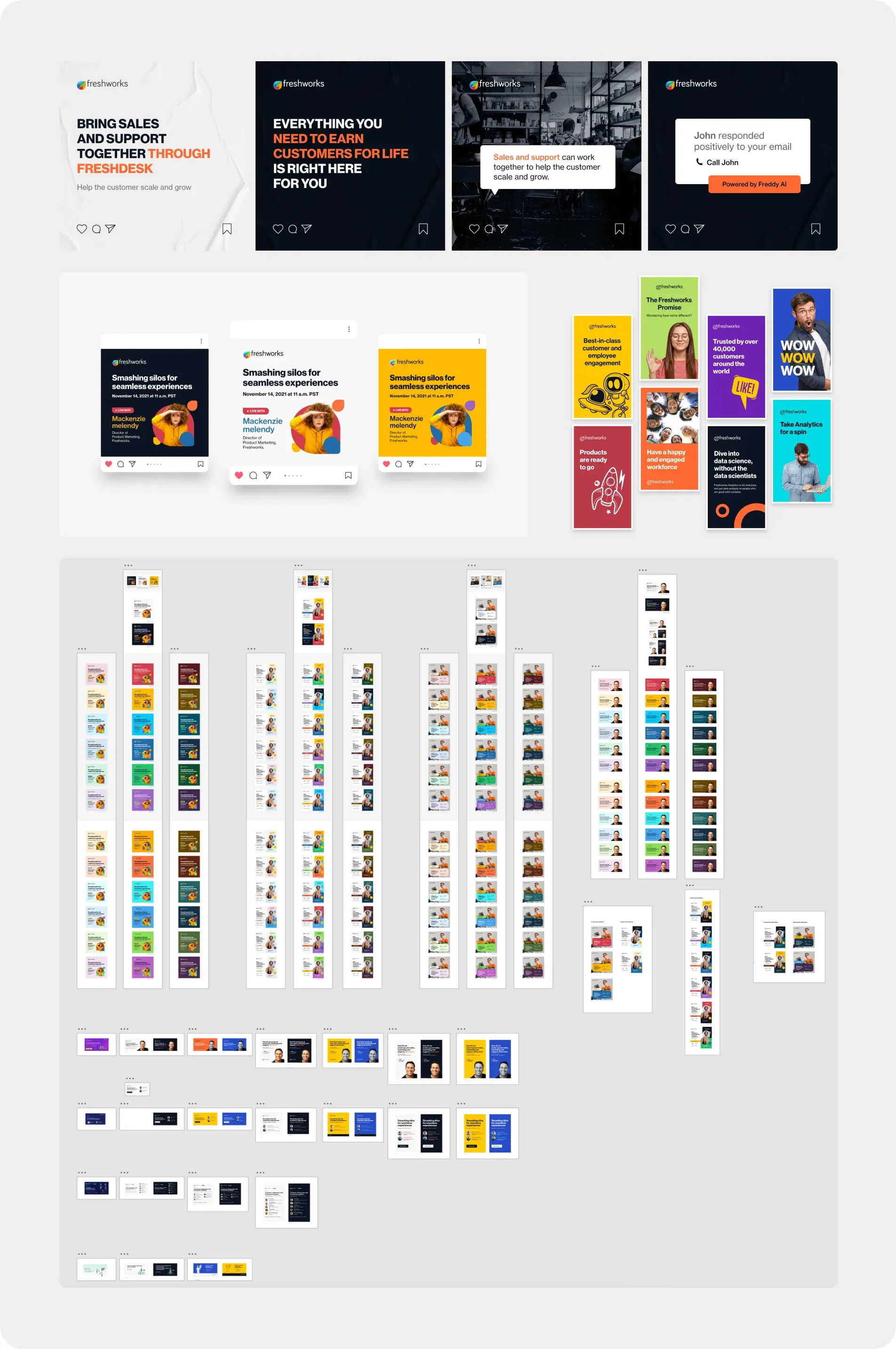 Freshworks social media creatives: Instagram posts, a webinar post in three colorways and story templates, above a board of template variations in every size