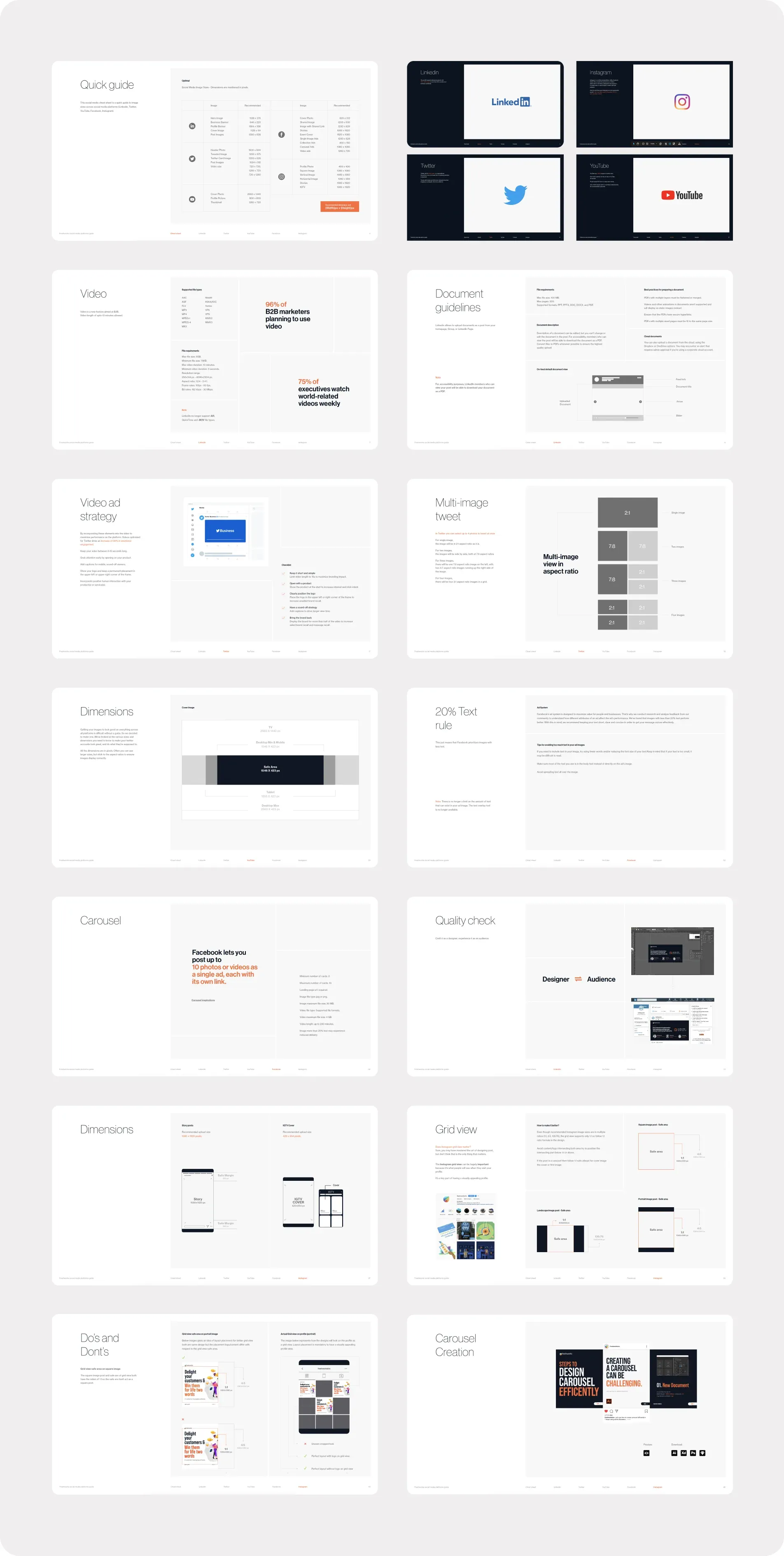 Pages of the social platform guide: size quick guide, LinkedIn, Instagram, Twitter and YouTube sections, video, carousels, the 20% text rule and do’s and don’ts