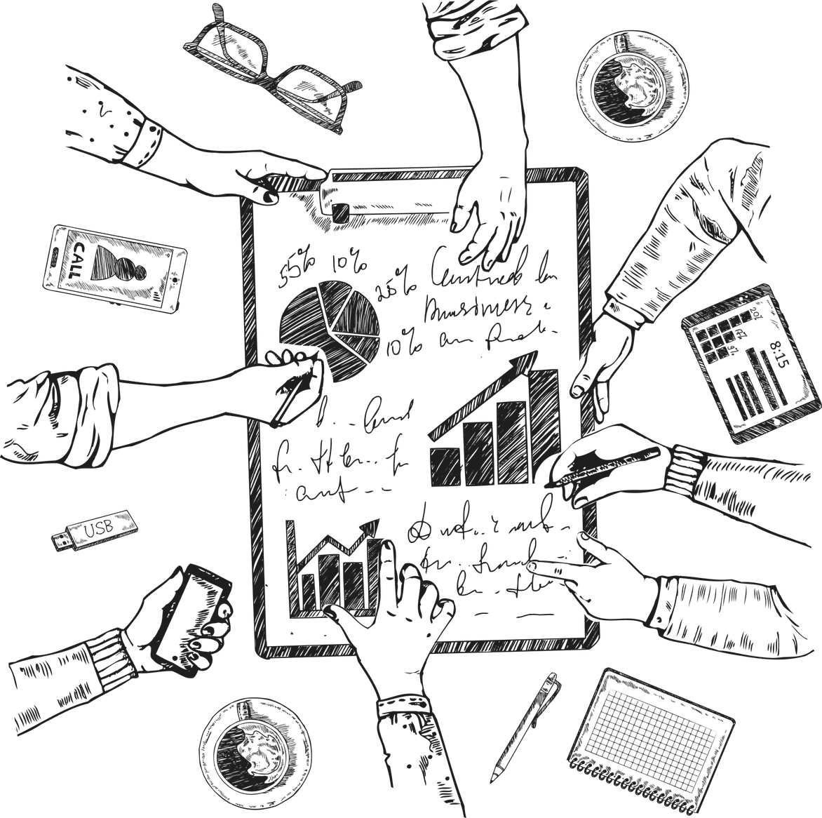 Pen sketch of hands working over a clipboard of pie and bar charts and notes, among a tablet, phone, glasses, USB stick, coffee cups and a notebook