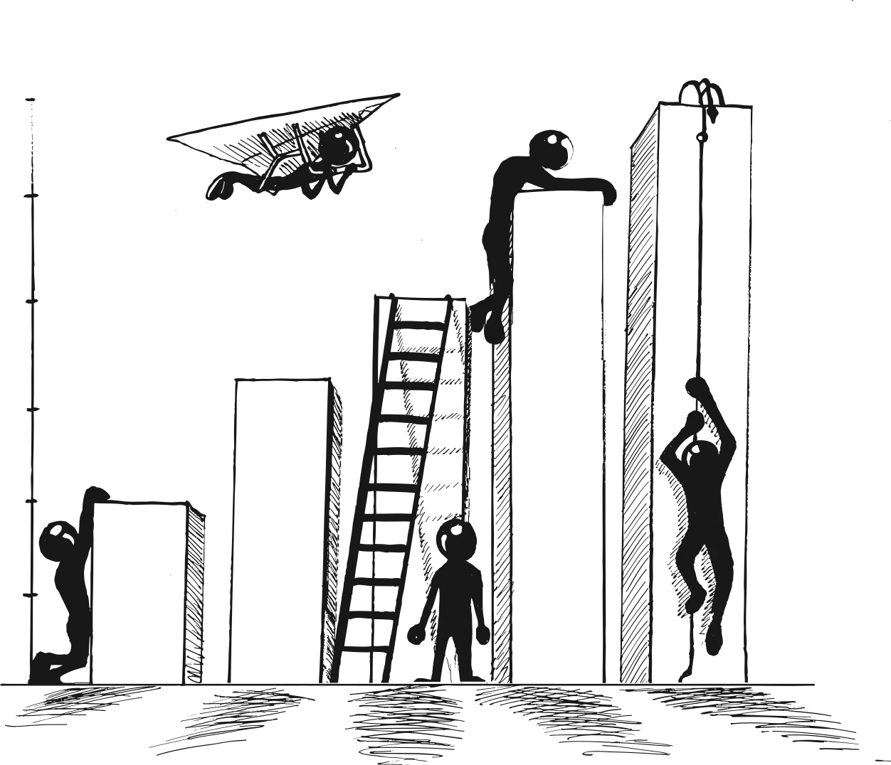 Sketch of people scaling a rising bar chart in different ways: climbing a ladder, pulling up onto a bar, climbing a rope and hang-gliding above
