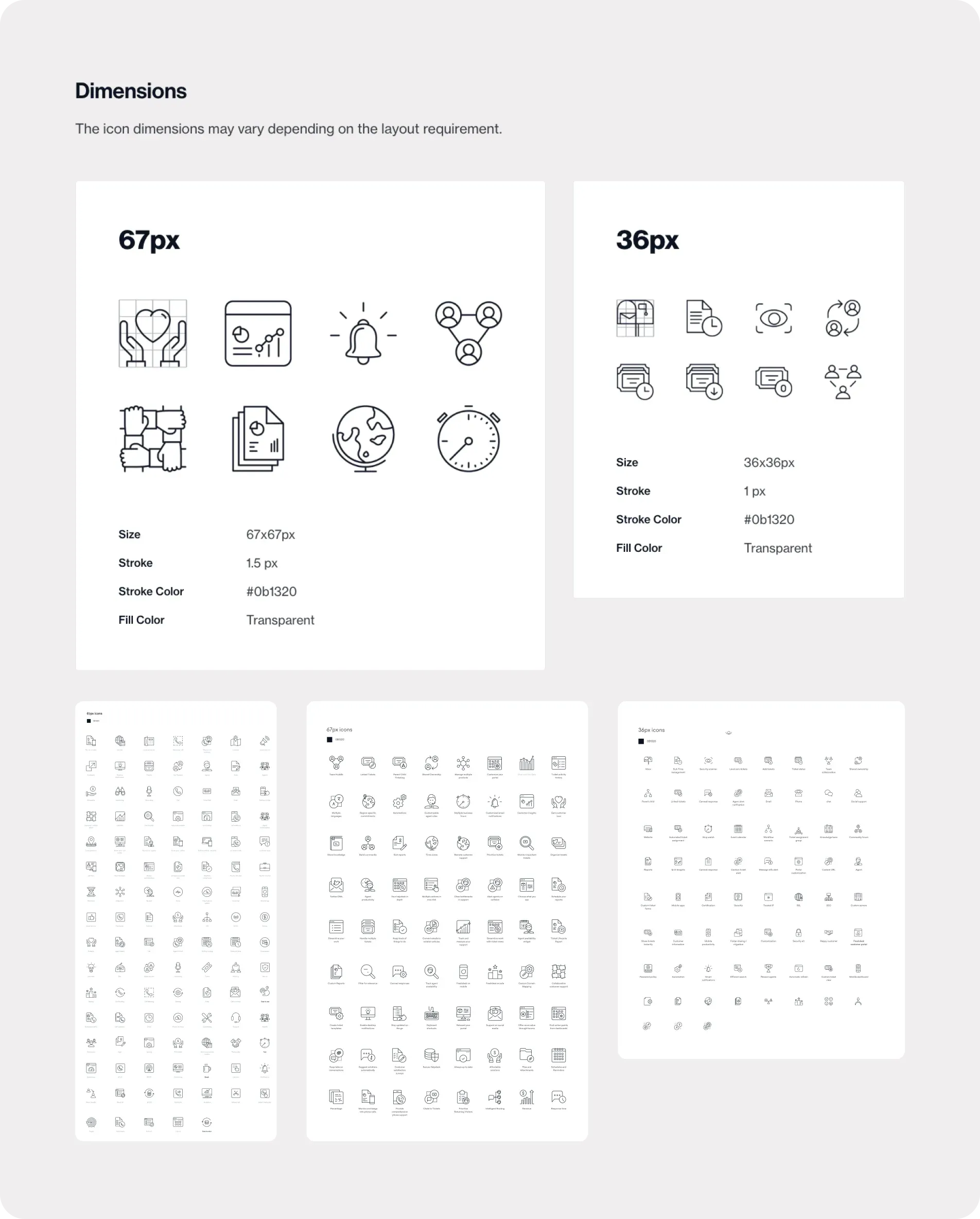 Icon guidelines: 67px icons with a 1.5px stroke and 36px icons with a 1px stroke, both #0b1320 with a transparent fill, above three sheets from the line-icon library