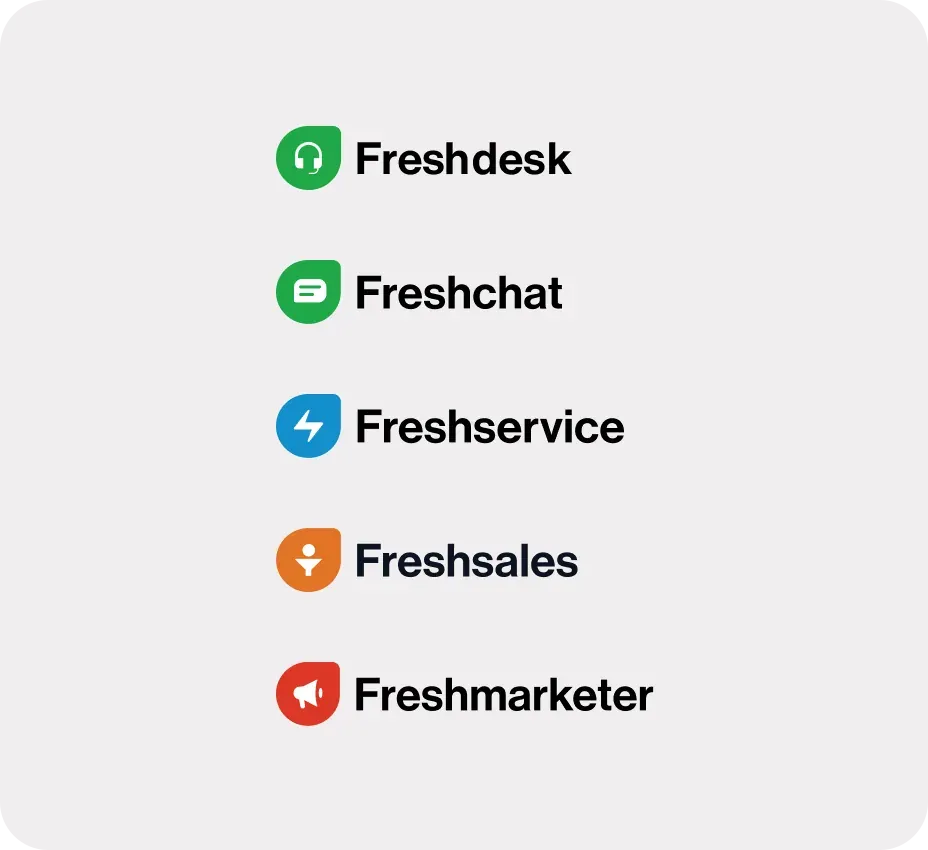 Modernized product logo lockups with bold capitalized names and rounded icons: Freshdesk, Freshchat, Freshservice, Freshsales and Freshmarketer