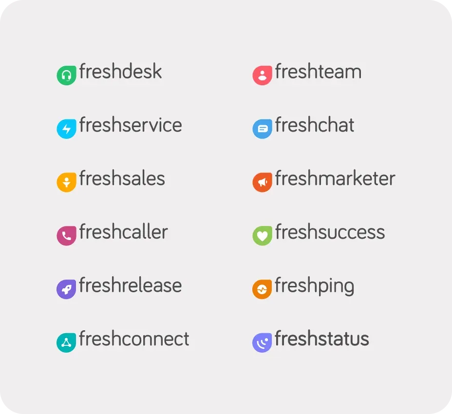 Original product logos with lowercase names: freshdesk, freshservice, freshsales, freshcaller, freshrelease, freshconnect, freshteam, freshchat, freshmarketer, freshsuccess, freshping and freshstatus