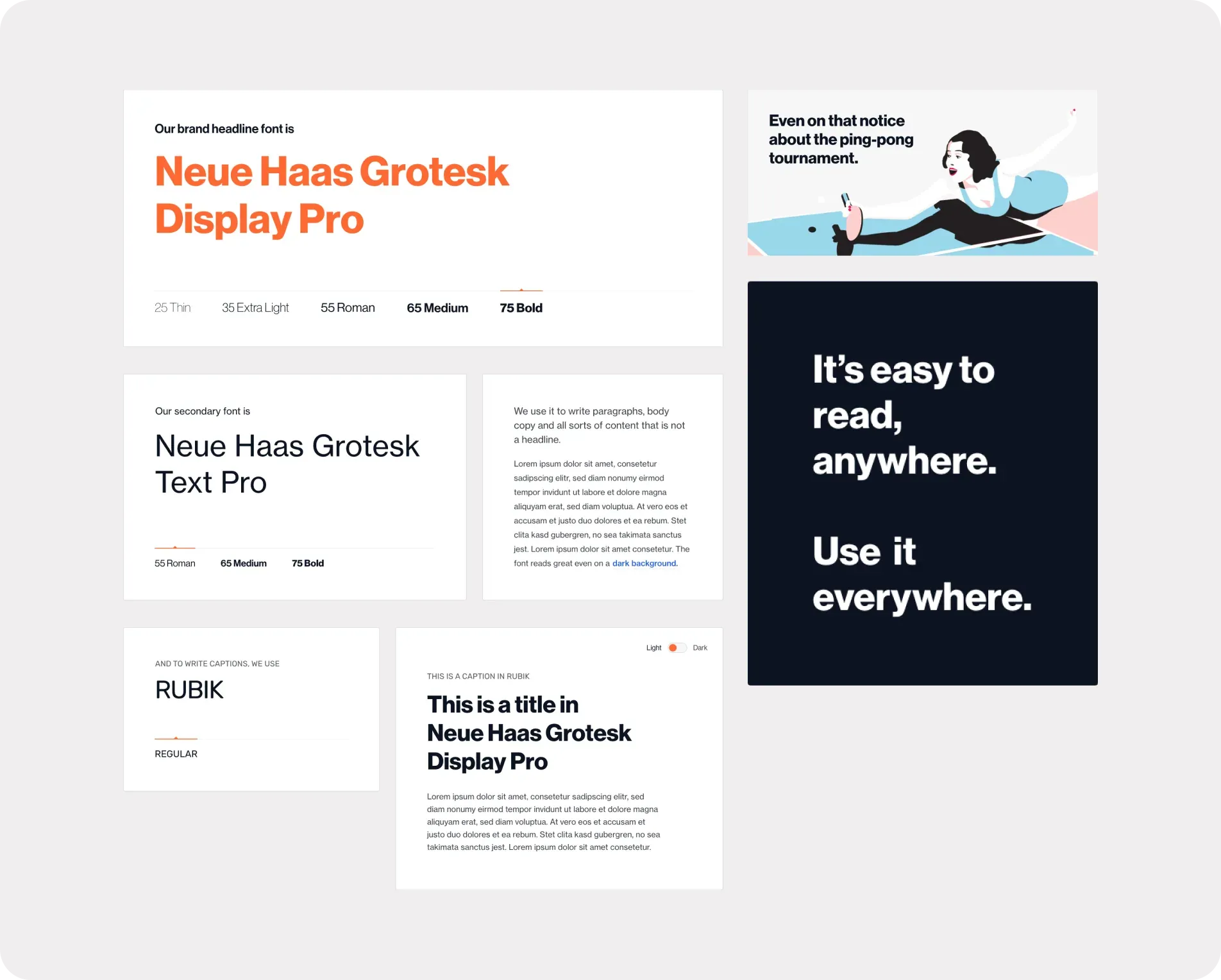 Freshworks font stack: Neue Haas Grotesk Display Pro for headlines (25 Thin to 75 Bold), Neue Haas Grotesk Text Pro for paragraphs, Rubik for captions, with sample headline, body copy and dark-background cards