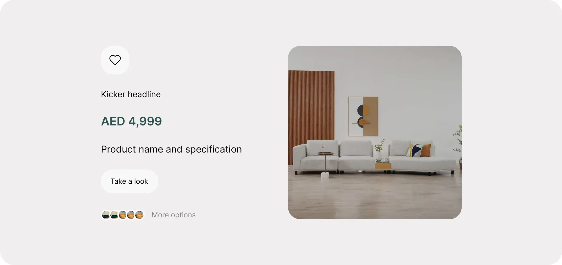 Product card atoms: a wishlist heart button, “Kicker headline”, the price “AED 4,999”, “Product name and specification”, a “Take a look” button, color swatches with “More options”, and a product photo of a gray sectional sofa