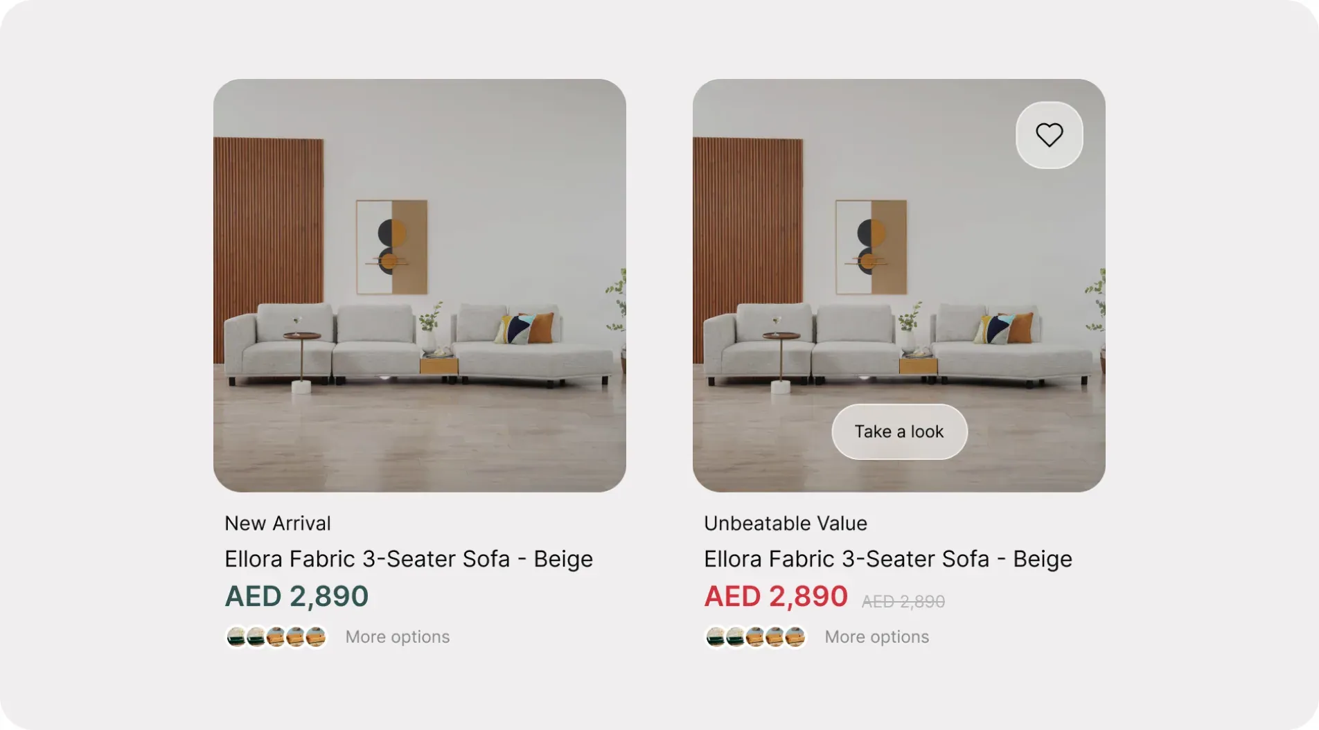 Product card organisms: two complete cards for the Ellora Fabric 3-Seater Sofa, a “New Arrival” at AED 2,890 and an “Unbeatable Value” sale card whose photo shows the wishlist and “Take a look” buttons, each with color options below