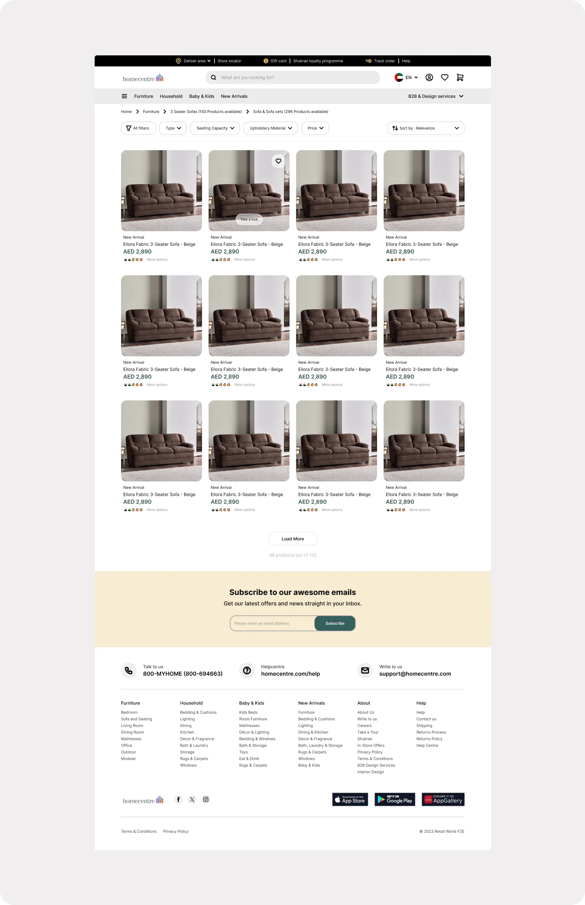 PLP template: a Home Centre product listing page for 3-seater sofas with the header, breadcrumbs, filter chips and sort menu, a 4 × 3 grid of product cards, a Load More button, a newsletter sign-up, a contact strip and the footer