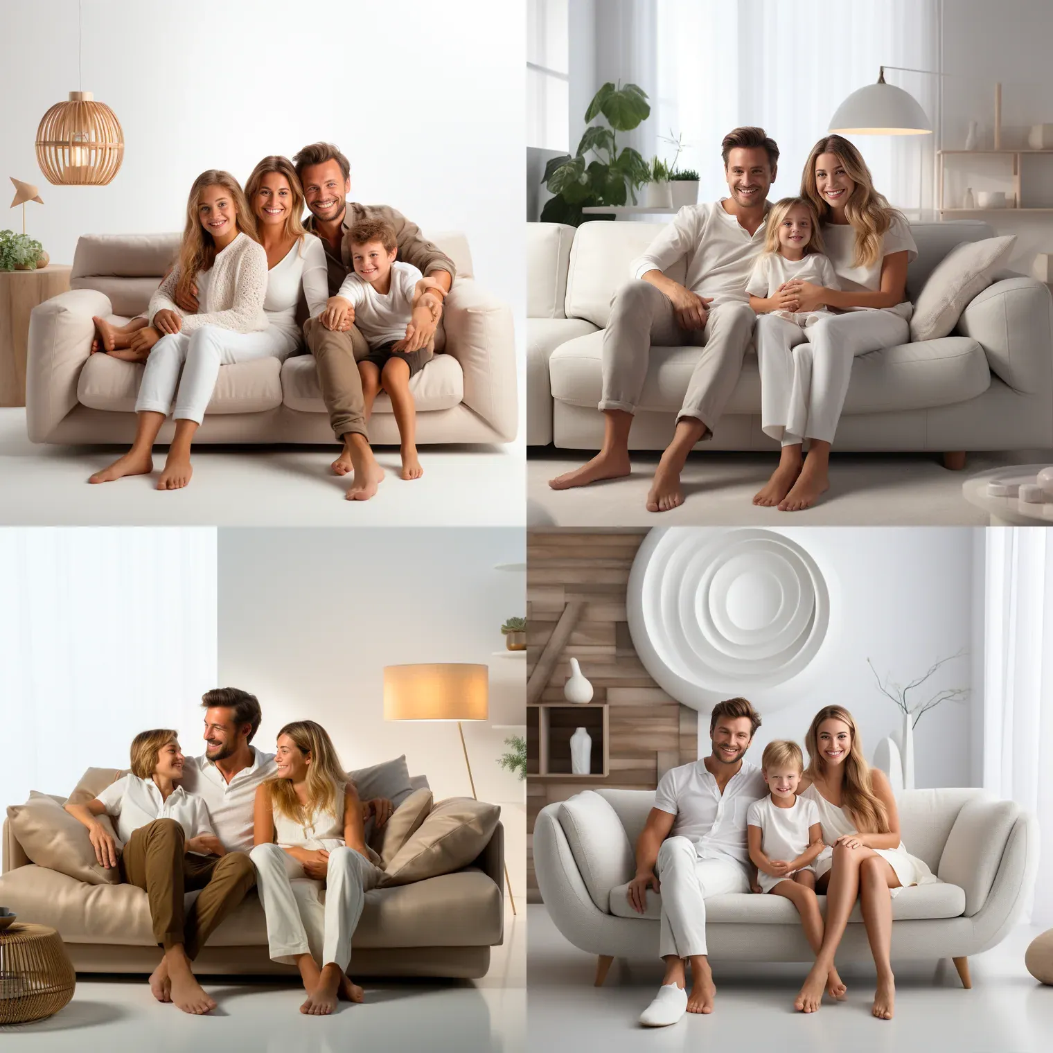 Four photos of smiling families of three and four sitting barefoot on white and beige sofas in bright, minimal living rooms