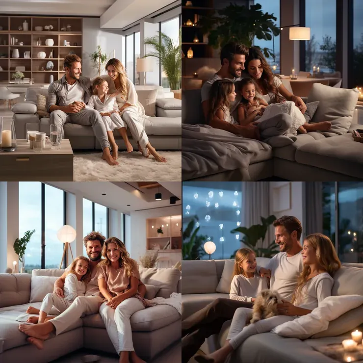 Four photos of families relaxing together on gray sectional sofas in living rooms lit by warm lamps and candles in the evening