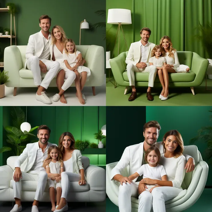 Four photos of a family dressed in white posing on mint-green sofas against deep green walls
