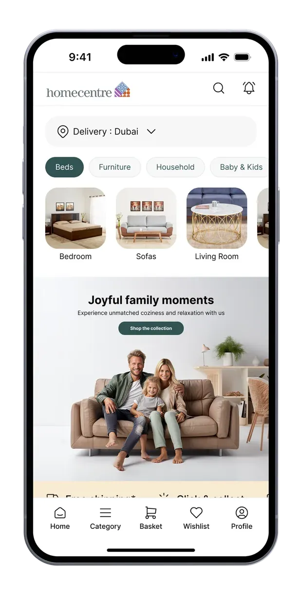 Redesigned Home Centre app home screen, with delivery location, category shortcuts and a family sofa banner