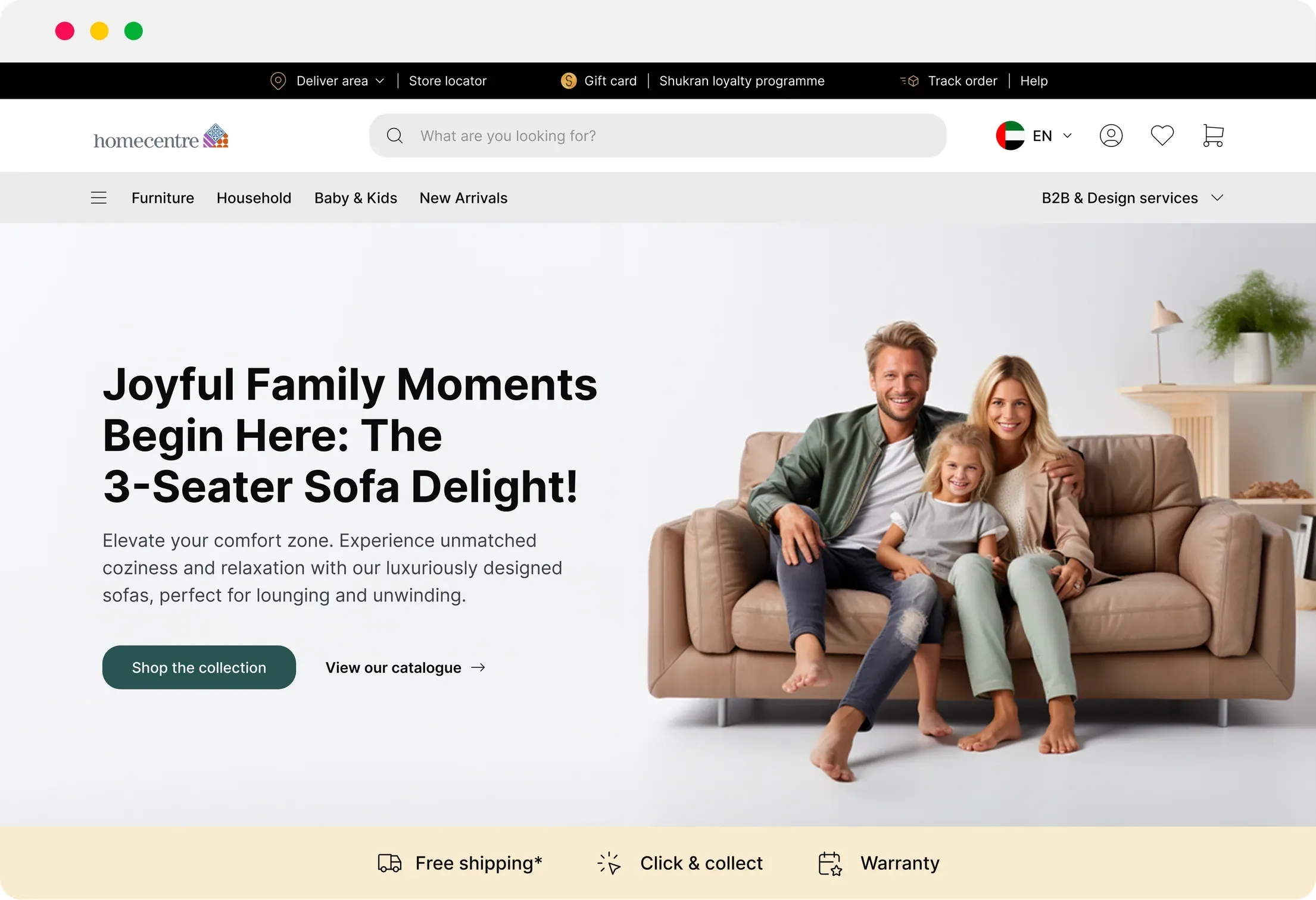 Redesigned Home Centre homepage in a desktop browser, with a hero banner of a family relaxing on a 3-seater sofa