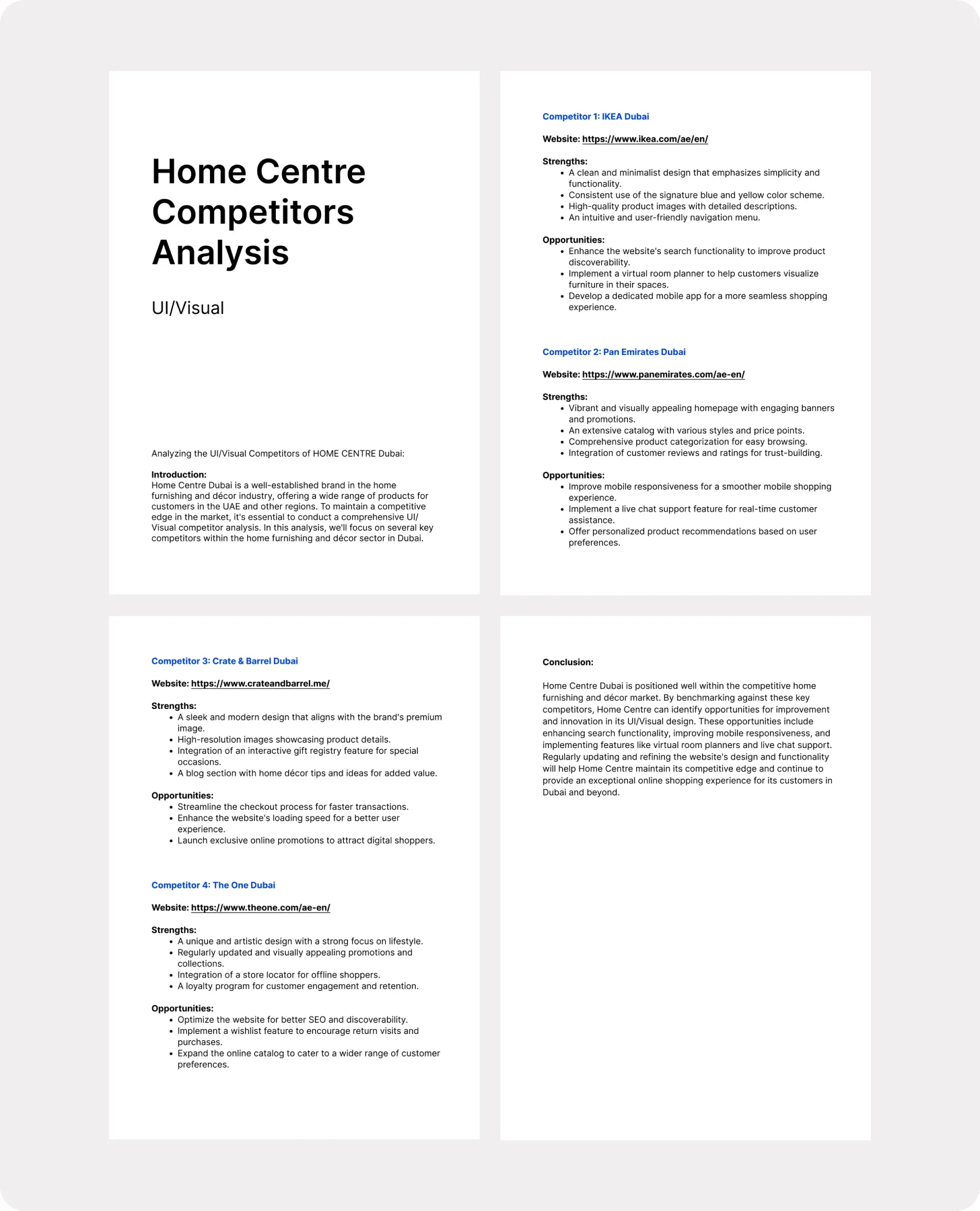 Four-page Home Centre Competitors Analysis (UI/Visual): website strengths and opportunities of IKEA, PAN Emirates, Crate & Barrel and The One in Dubai, plus a conclusion