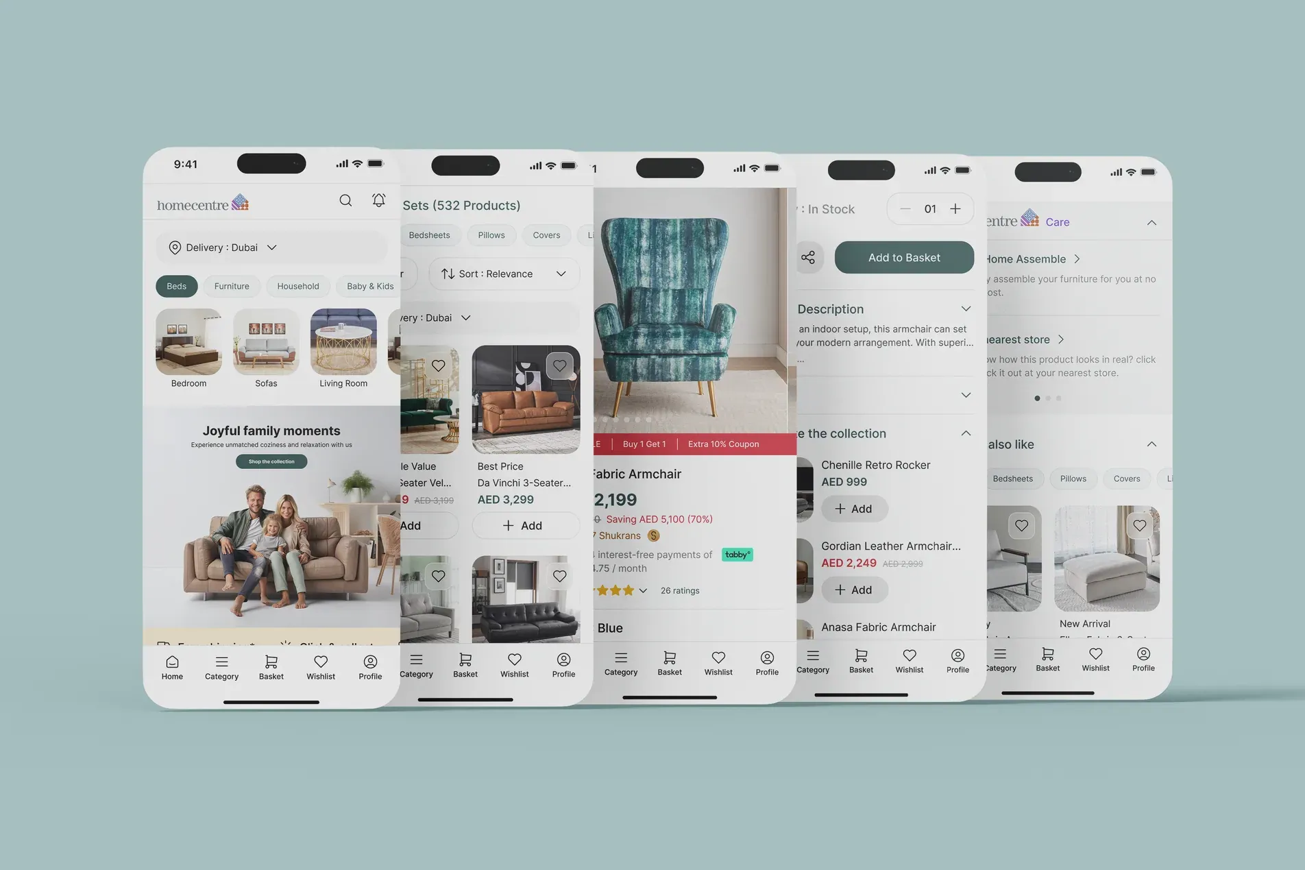 Five redesigned Home Centre app screens on a teal background