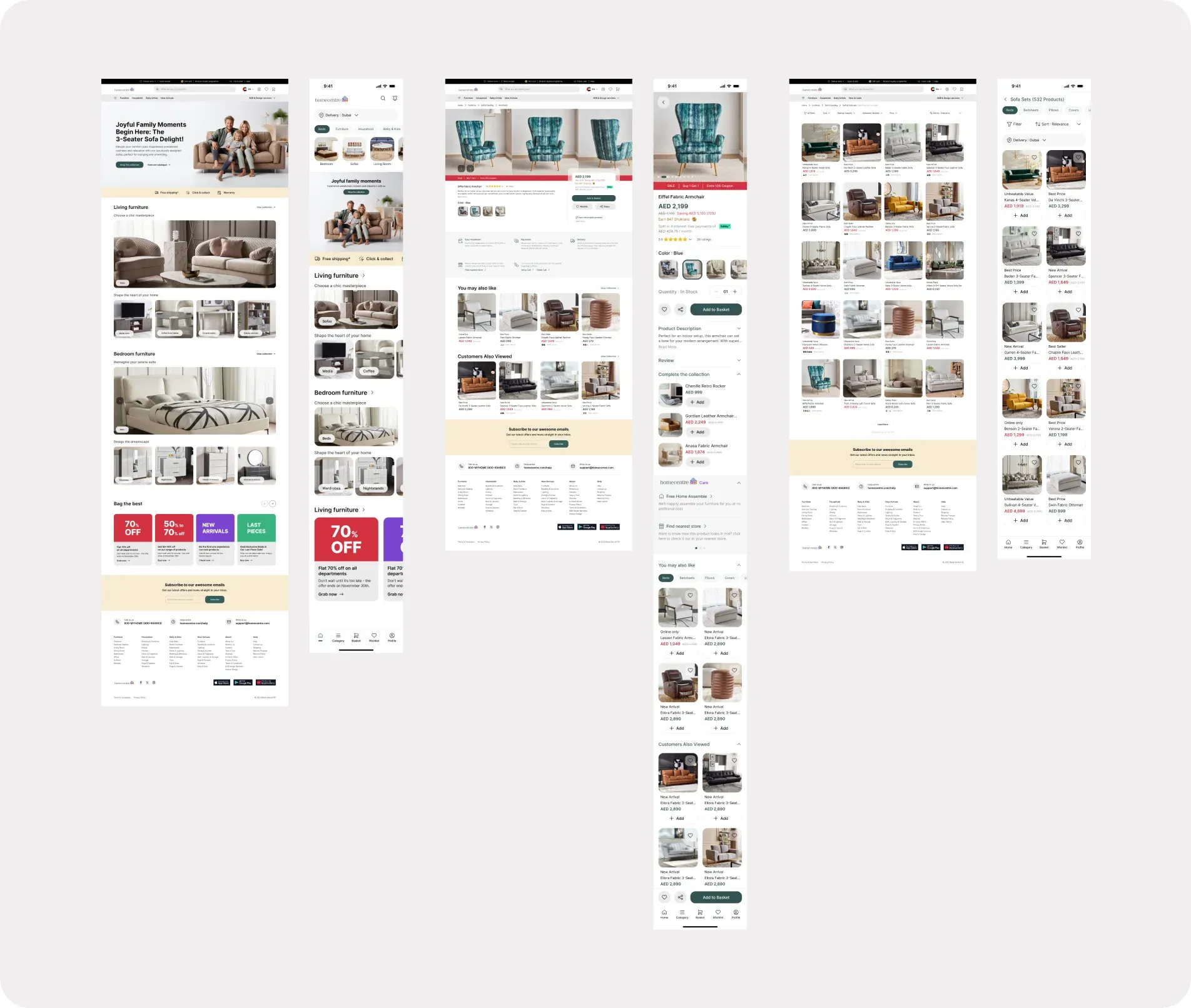 Final Home Centre designs as website and app pairs: the homepage, the Eiffel Fabric Armchair product detail page and the Sofa Sets product listing page